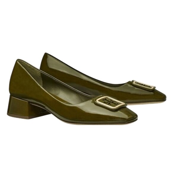 Tory Burch Georgia Pumps Olive Green Leather Block Heel Shoes Size 8 - Picture 2 of 8